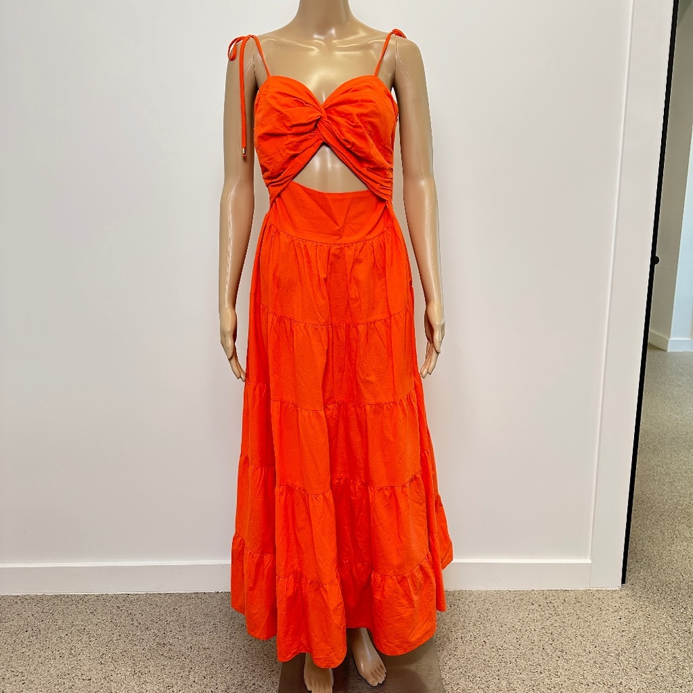 LETICIA MIDI DRESS - TWIST FRONT TIE STRAP TIERED DRESS IN ORANGE
